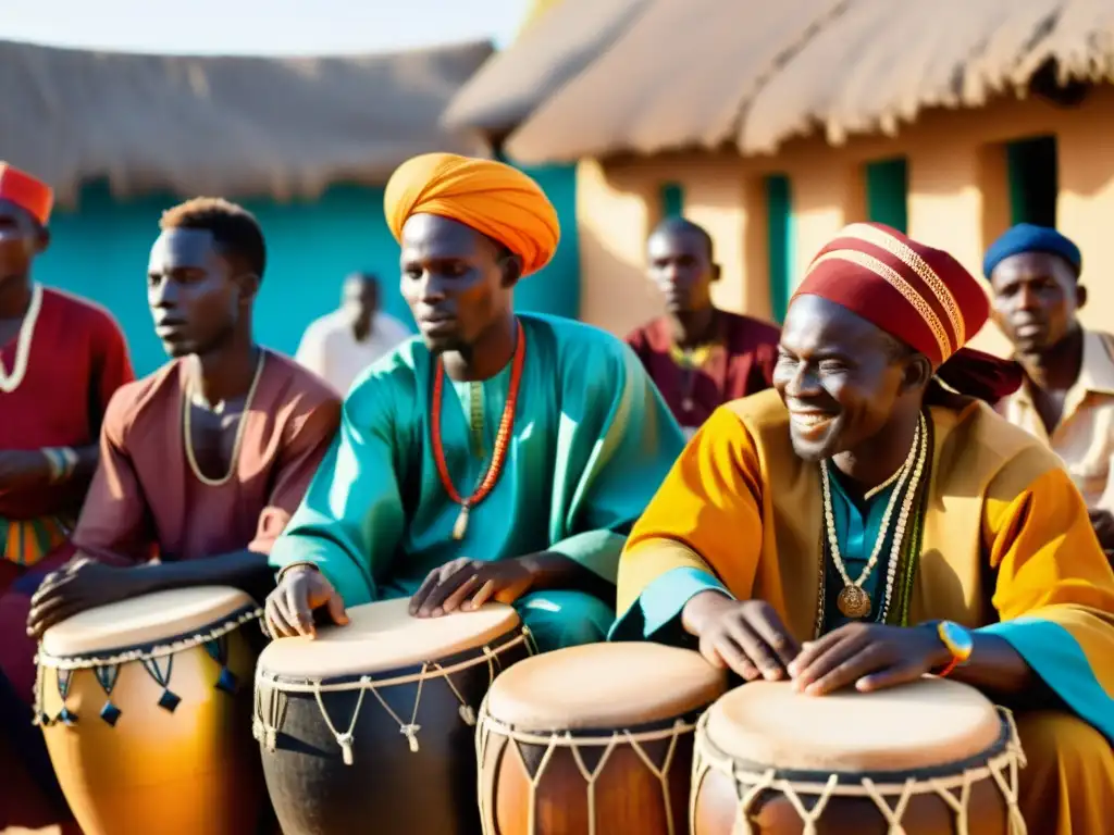 Un vibrante encuentro en una plaza de un pueblo africano, donde músicos senegaleses tocan los tambores bougarabou