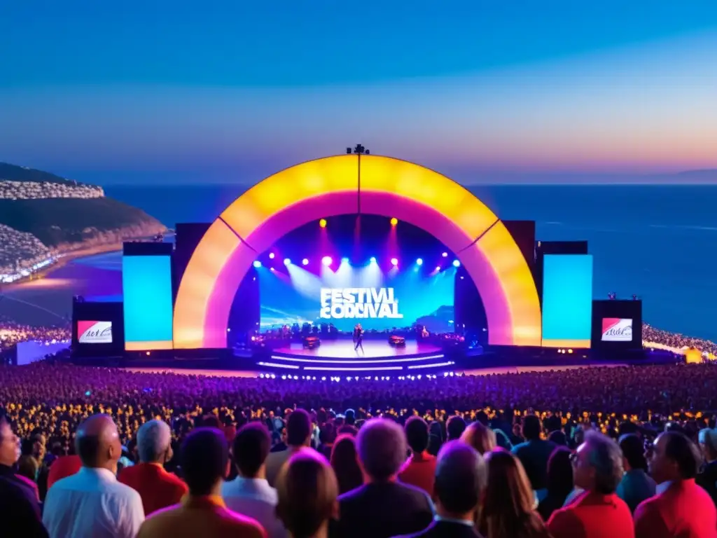 Vibrante energía del Festival Internacional Canción Viña del Mar, con el escenario, luces coloridas y público, enmarcados por el paisaje costero