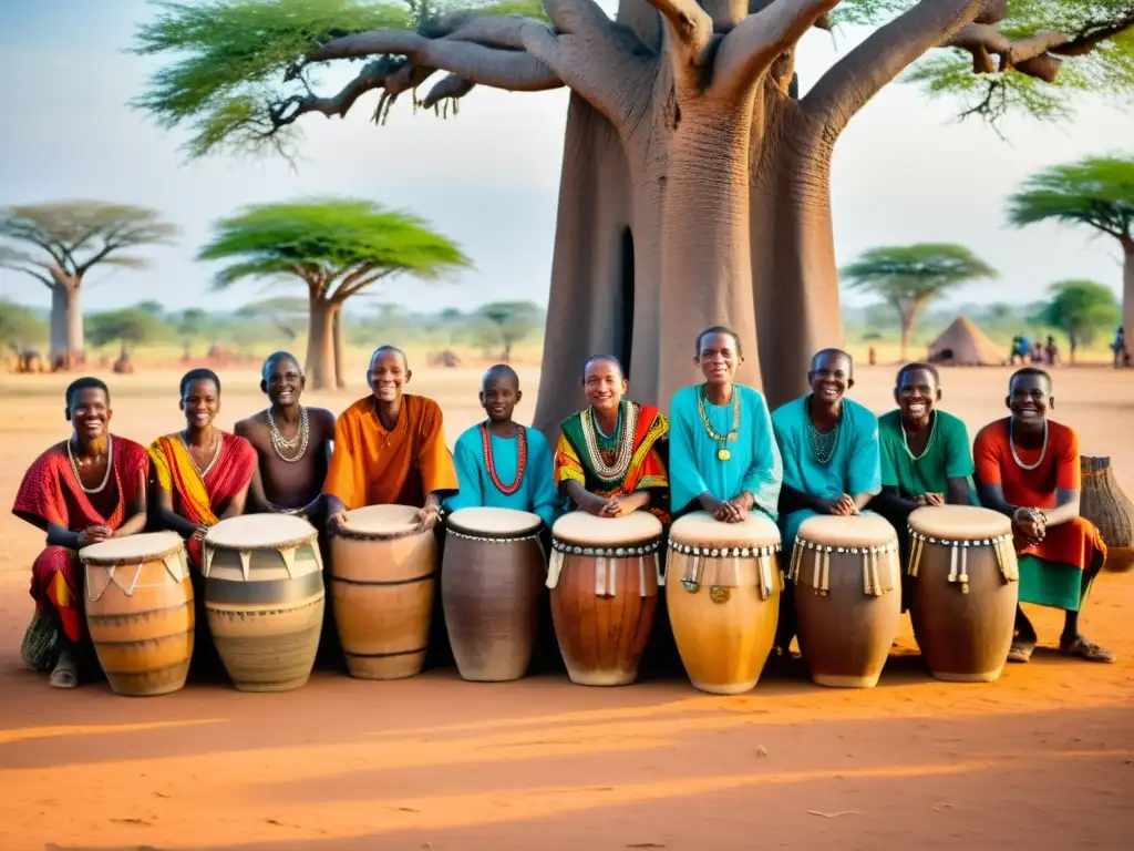 Vibrante escena de aldeanos tanzanos tocando Ngoma bajo un baobab