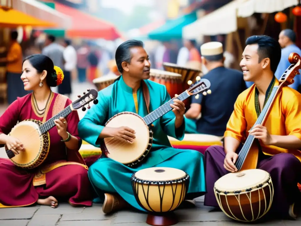 Una vibrante escena en el mercado con músicos de diferentes culturas tocando instrumentos musicales símbolos culturales, cautivando a la multitud