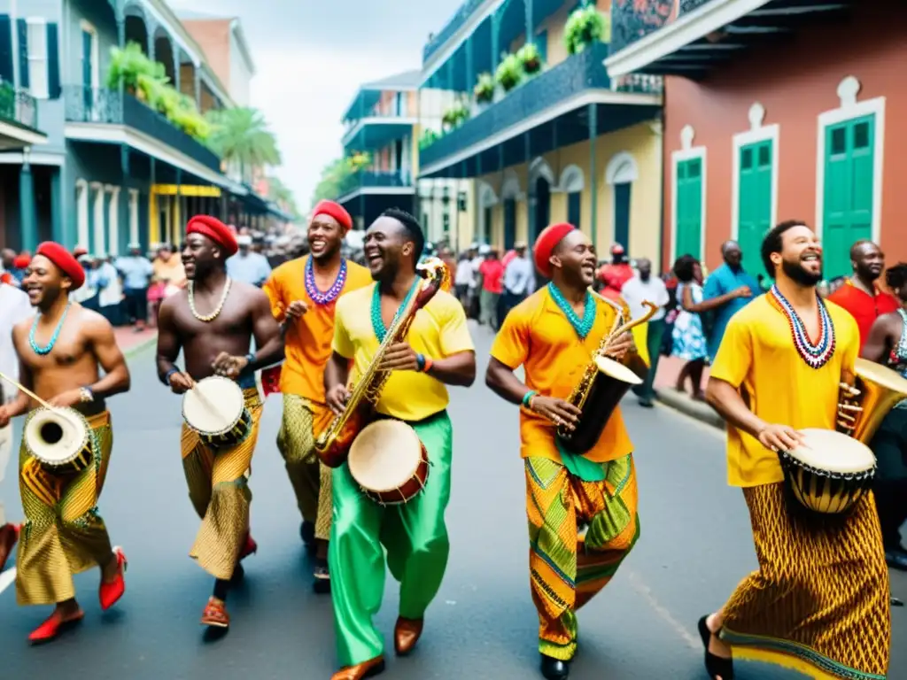 Vibrante escena de músicos africanos en Nueva Orleans, influencia africana en la música contemporánea palpable en la imagen