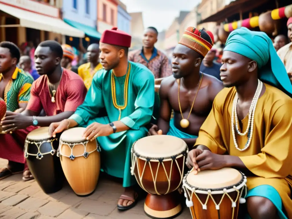 Vibrante escena de músicos africanos tocando instrumentos de percusión en un bullicioso mercado