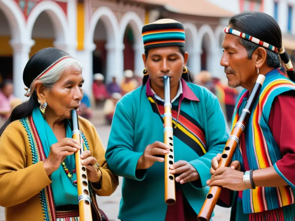 Vibrante escena de músicos andinos interpretando la zampoña en mercado, reflejando la evolución de la zampoña andina