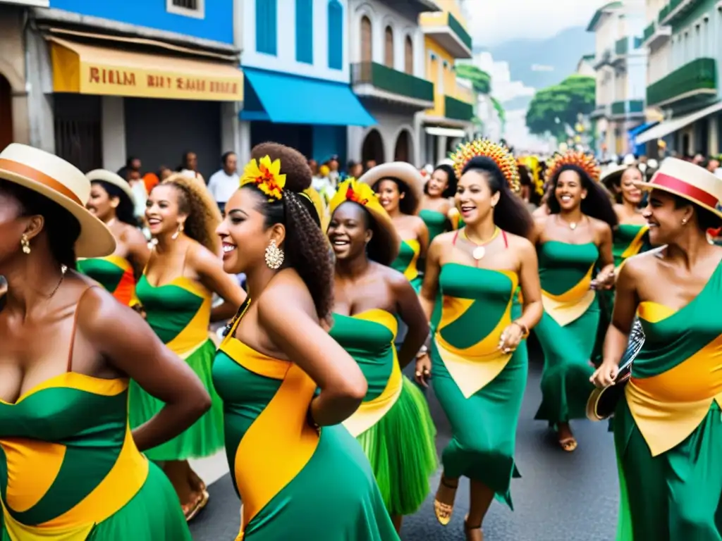 Samba vibrante: Músicos brasileños en Rio de Janeiro Una vibrante escena de músicos brasileños tocando samba en las calles de Río de Janeiro, rodeados de una multitud diversa disfrutando la música