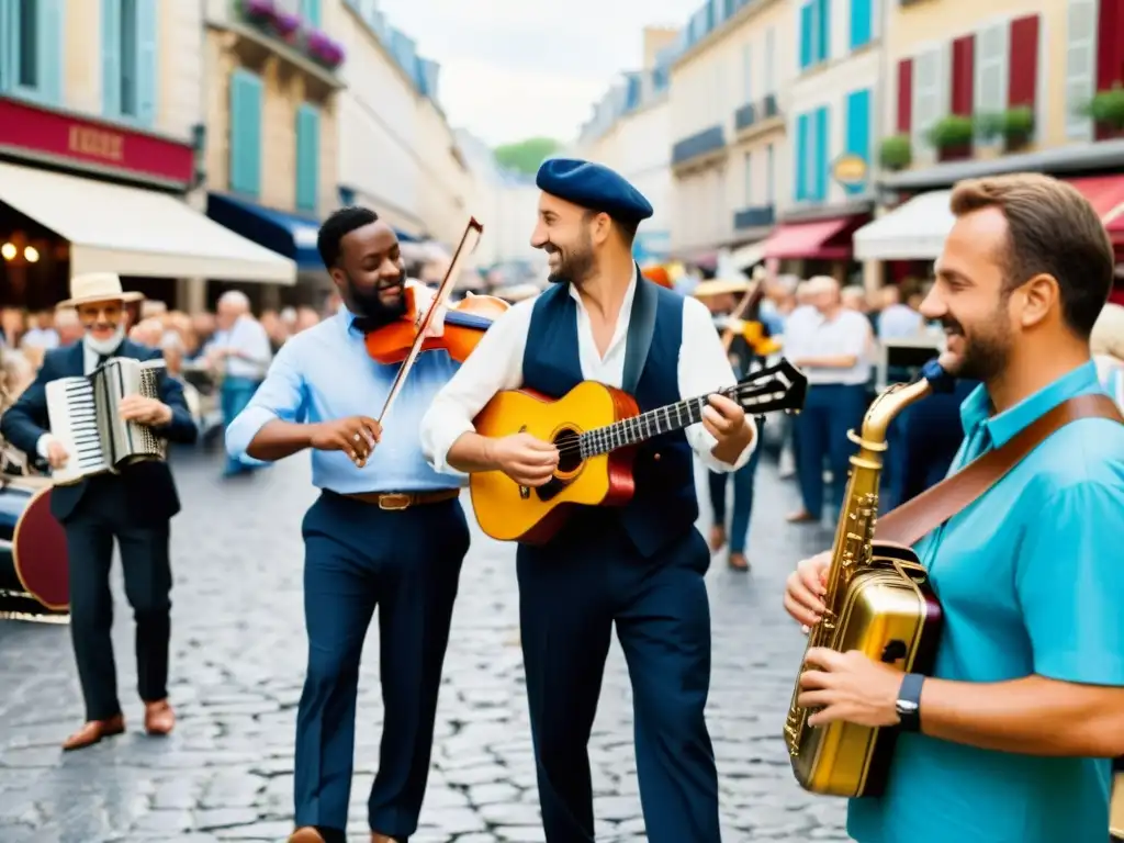 Vibrante escena de músicos en la Fête de la Musique en Francia