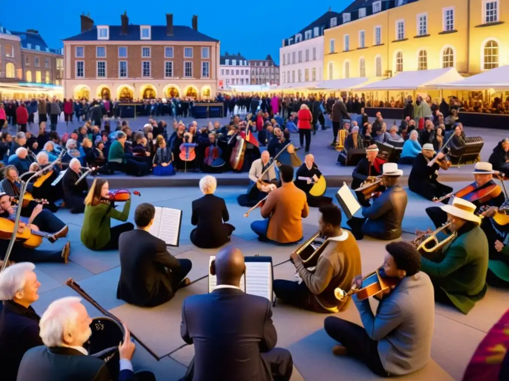 Vibrante escena de la plaza de la ciudad llena de músicos y gente de todas las edades y orígenes, destacando la importancia cultural de la música en el espacio público