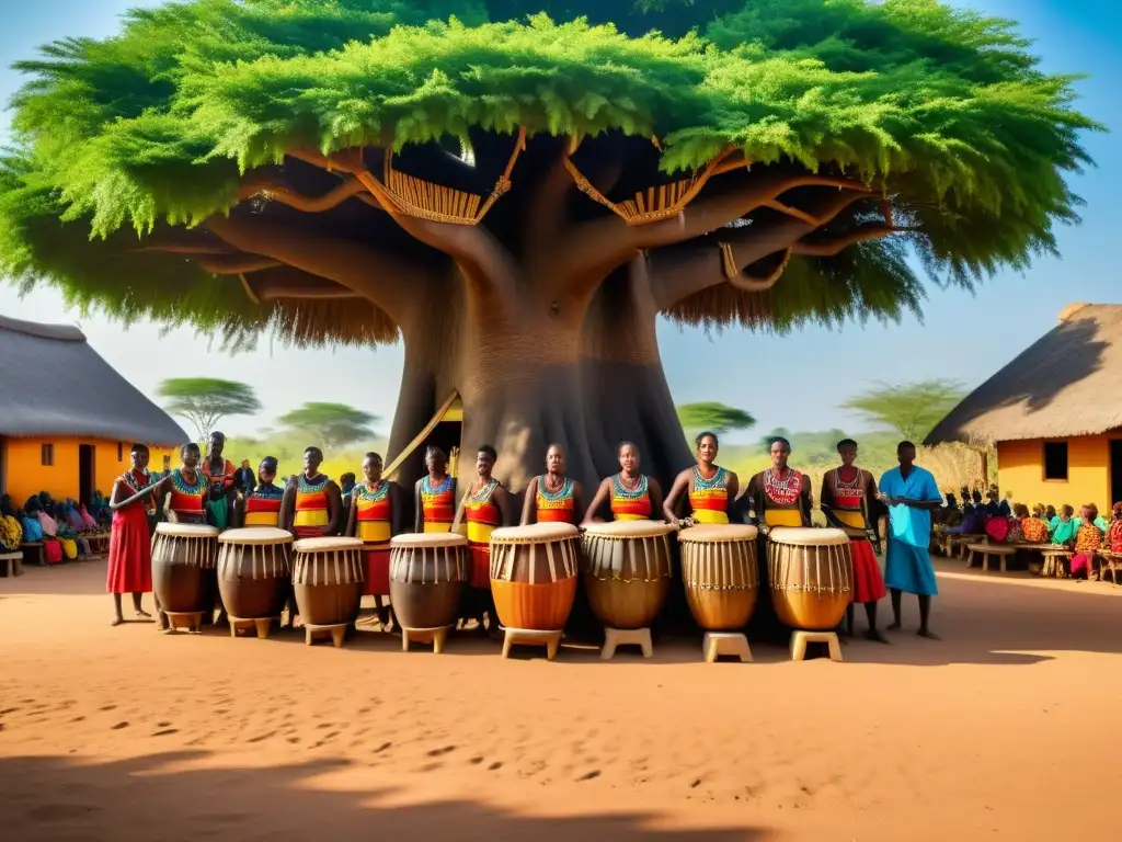 Un vibrante escenario en una aldea africana con músicos tocando la marimba bajo un árbol, rodeados de bailarines y lugareños