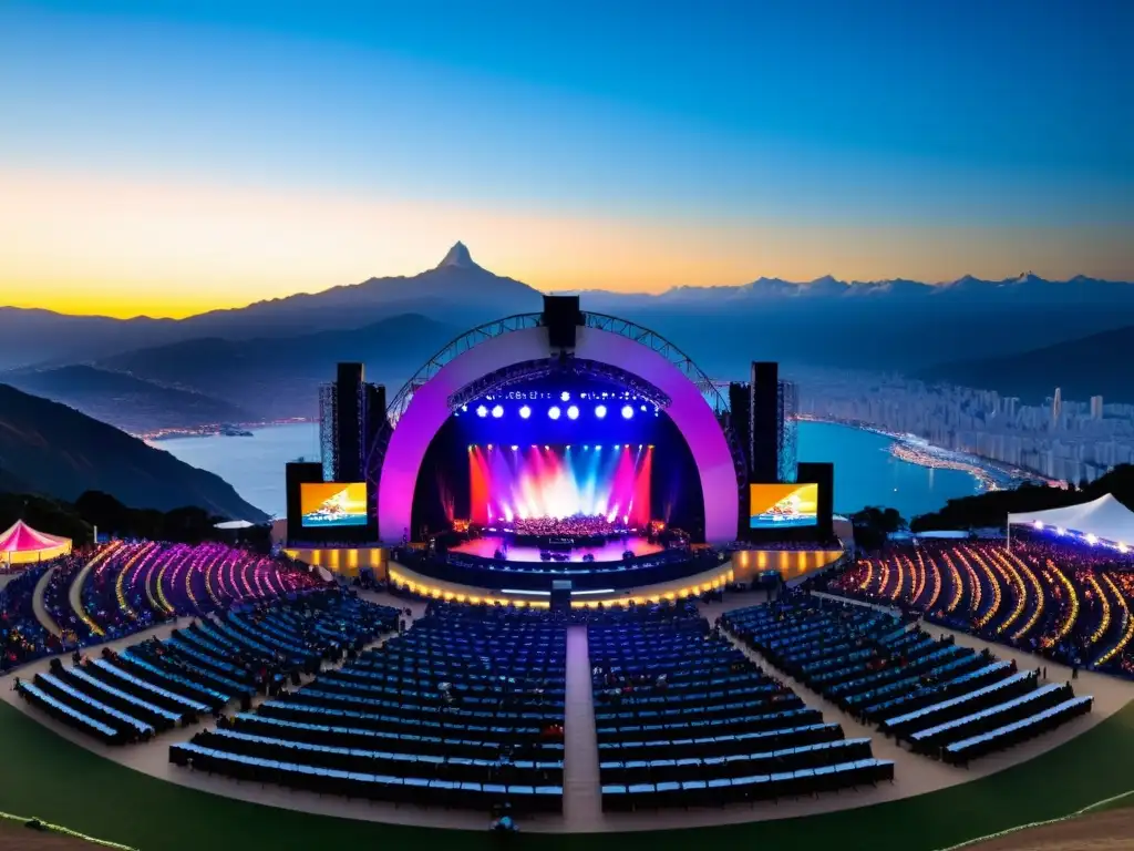 Vibrante escenario del Festival Internacional de la Canción Viña del Mar, con concierto, montañas Andes y euforia del público