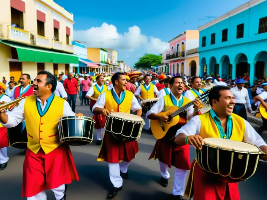 Un vibrante escenario de músicos tocando gaitas zulianas en un festival en Maracaibo, Venezuela, capturando la tradición venezolana