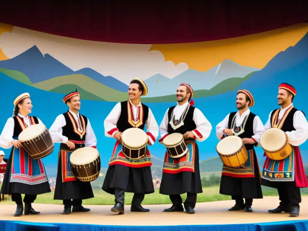 Un vibrante escenario con músicos tocando instrumentos tradicionales Tamburitzan en trajes folclóricos