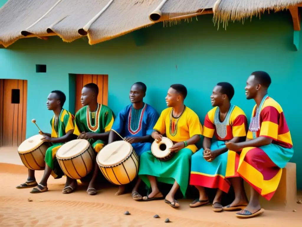 Un vibrante escenario de un pueblo tradicional en África Occidental, con músicos tocando el balafón como parte de un ritual cultural