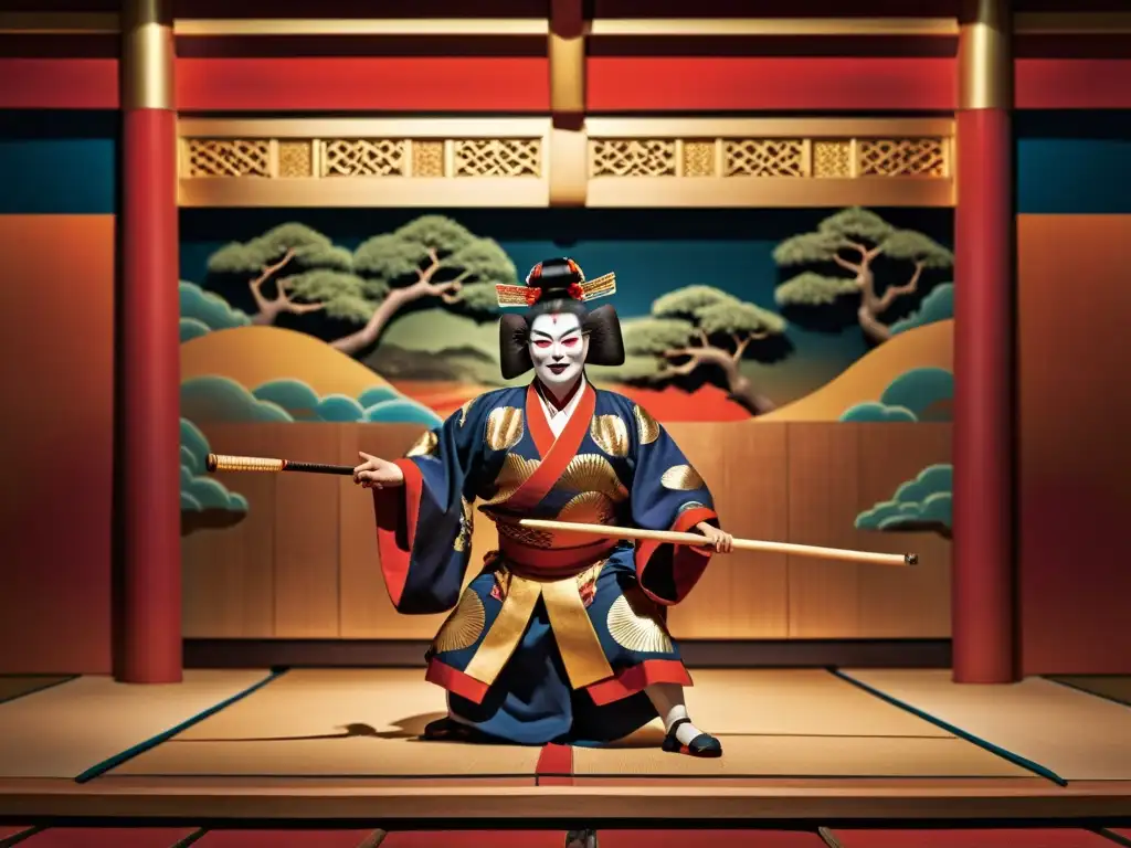 Vibrante escenario de teatro kabuki japonés con actores, detalles en rojo y dorado, y un intenso intérprete de shamisen