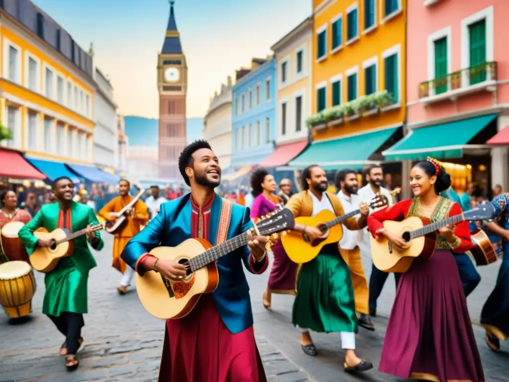 Un vibrante escenario urbano con músicos de diversas culturas interpretando instrumentos tradicionales, rodeados de un público diverso