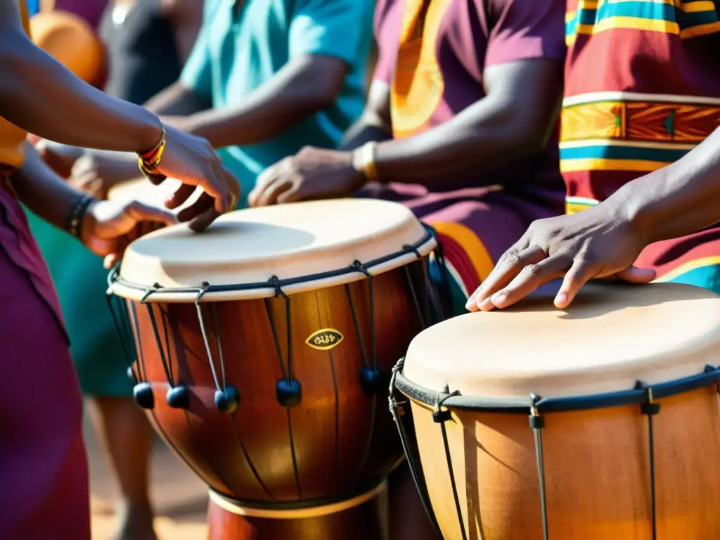 Un vibrante espectáculo de músicos africanos tocando instrumentos de percusión tradicionales como el djembe, tambores conga y shekere