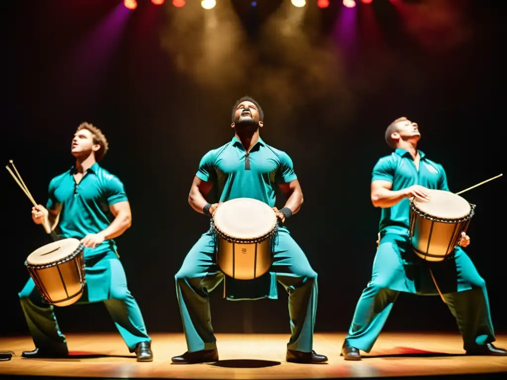 Apasionada danza de percusión corporal en escena Un vibrante espectáculo de percusión corporal, con artistas expresivos y energía contagiosa