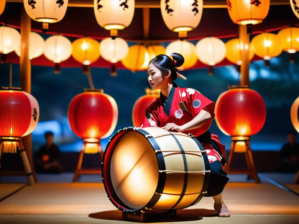 Un vibrante espectáculo de tambores taiko japonés bajo la luz de las linternas