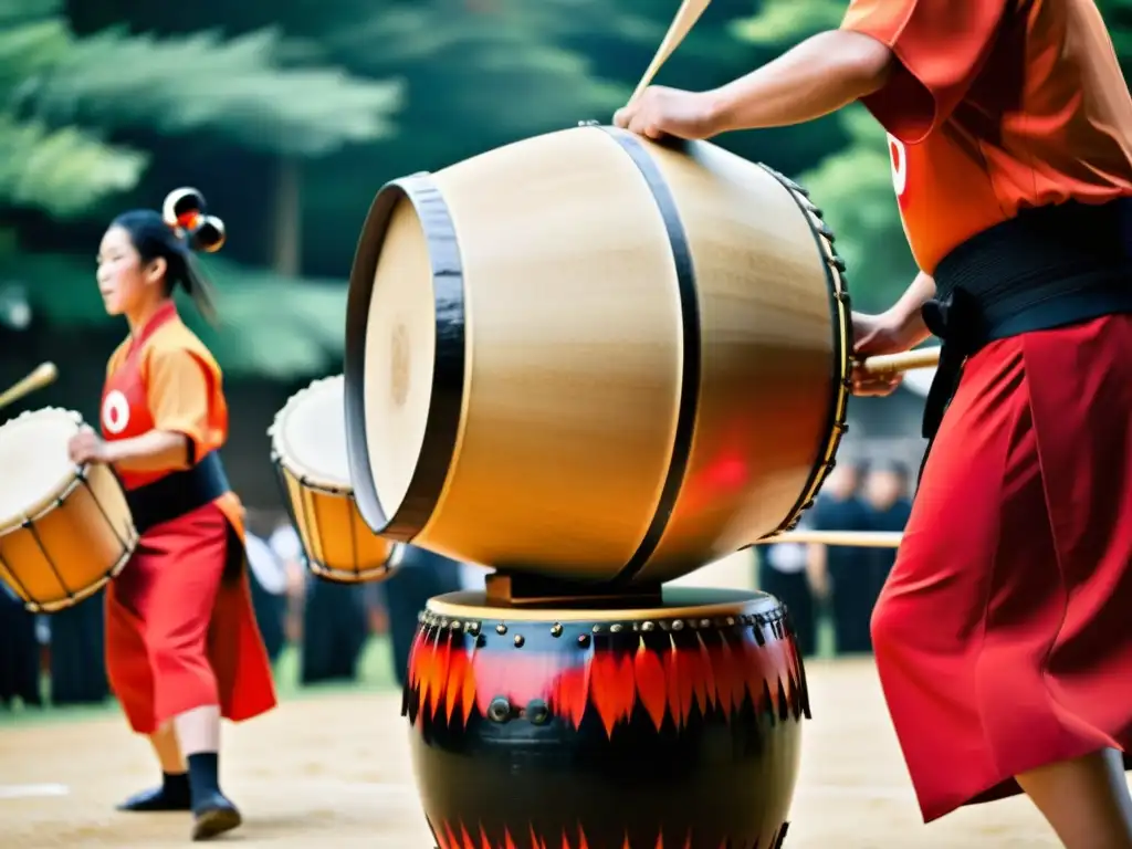 Un vibrante espectáculo de tambores taiko japoneses en un festival cultural, resaltando la influencia de la migración japonesa