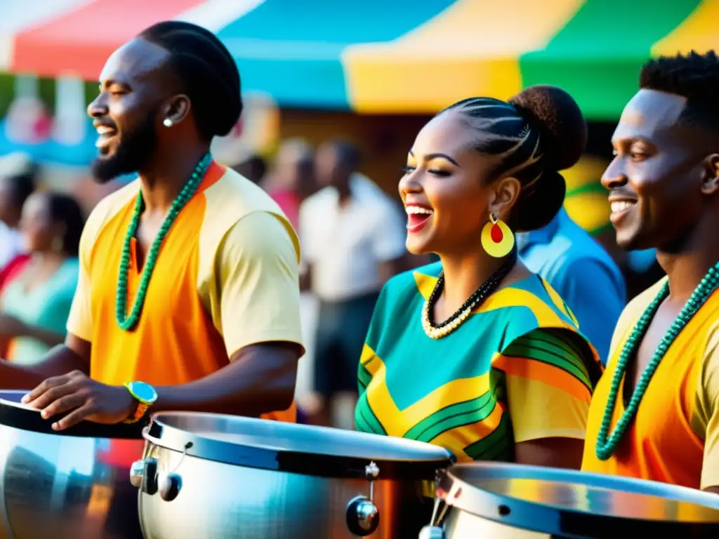 Un vibrante espectáculo de técnicas calipso steel drum en un festival caribeño, con música y colores tradicionales