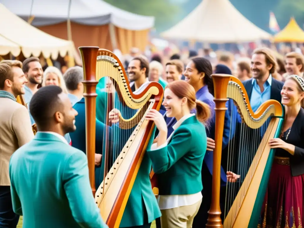 Un vibrante festival al aire libre con músicos tocando arpas y una multitud entusiasta