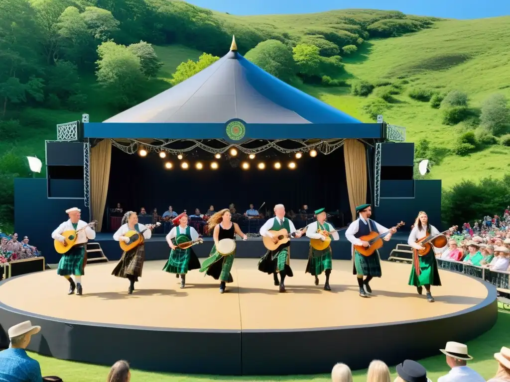 Vibrante festival de la canción de Eisteddfod, músicos y bailarines en escenario, público entusiasta bajo cielo azul y colinas verdes