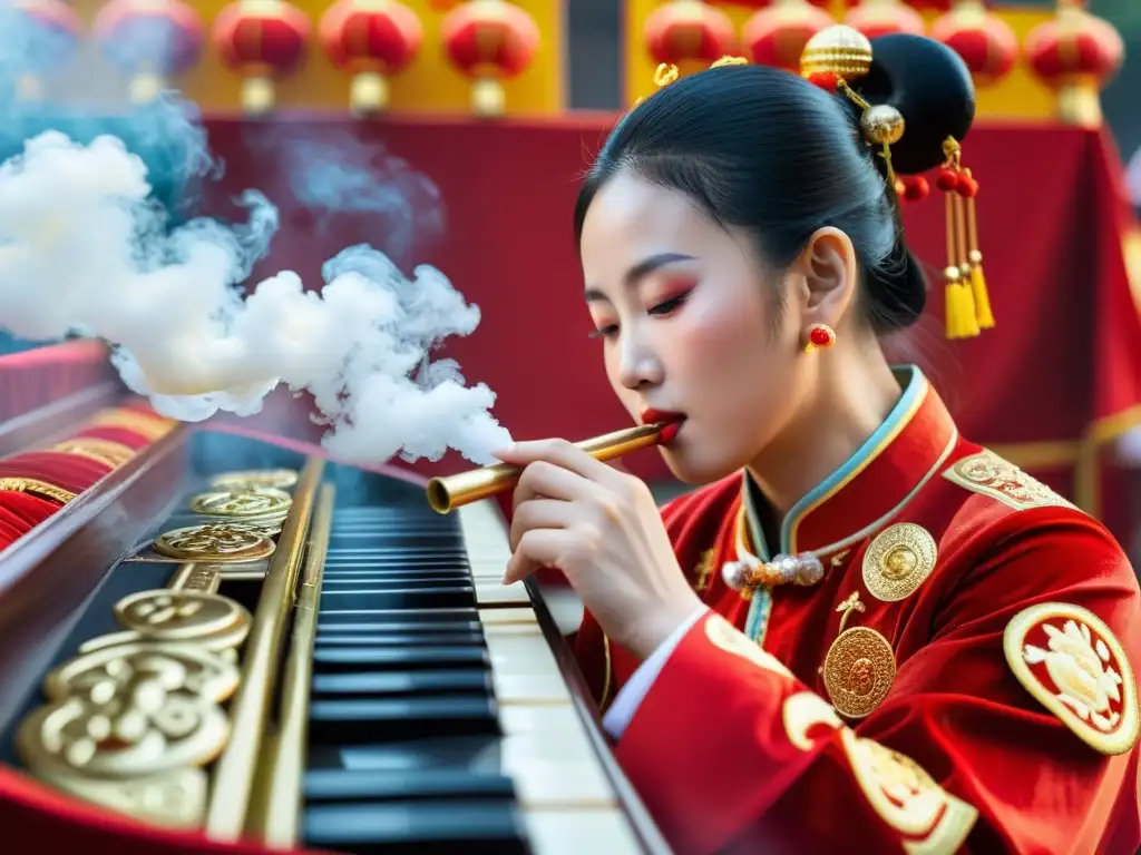 Un vibrante festival chino con músico experto tocando el suona, un instrumento de viento tradicional, entre decoraciones rojas y doradas