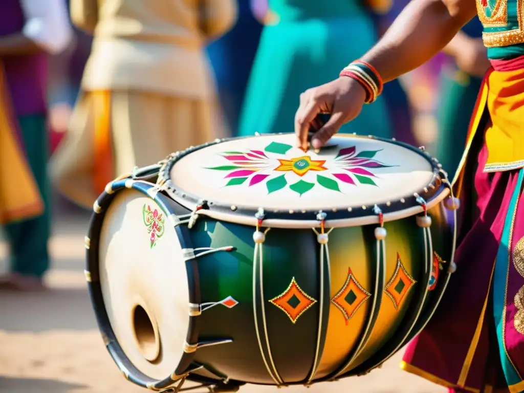 Un vibrante festival cultural con un Dhol indio siendo tocado en medio de la celebración