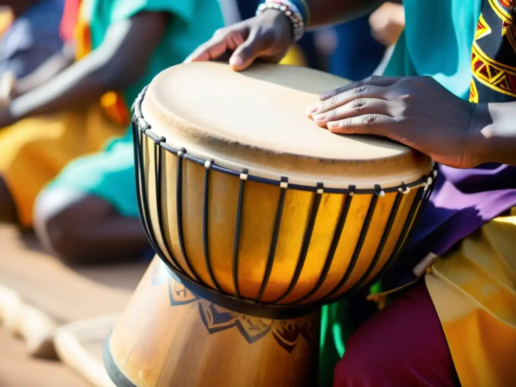 Un vibrante festival cultural con un músico tocando un djembe africano, rodeado de una audiencia diversa