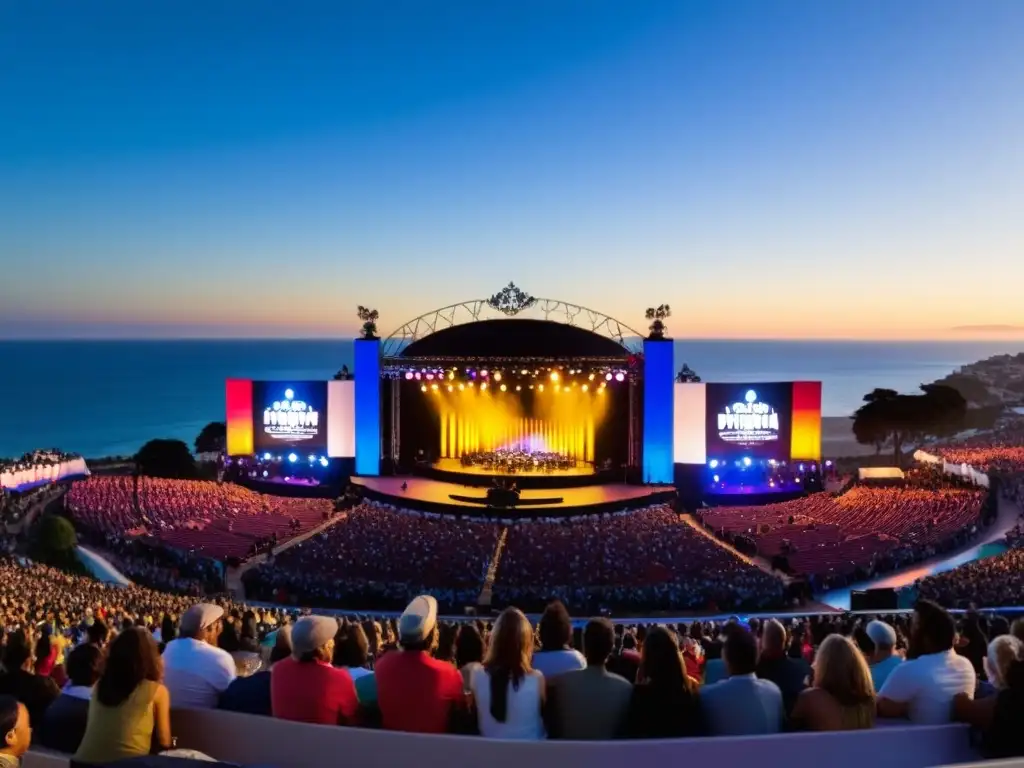 Vibrante Festival Internacional de la Canción Viña del Mar, escenario iluminado, música y público emocionado con banderas, montañas de fondo