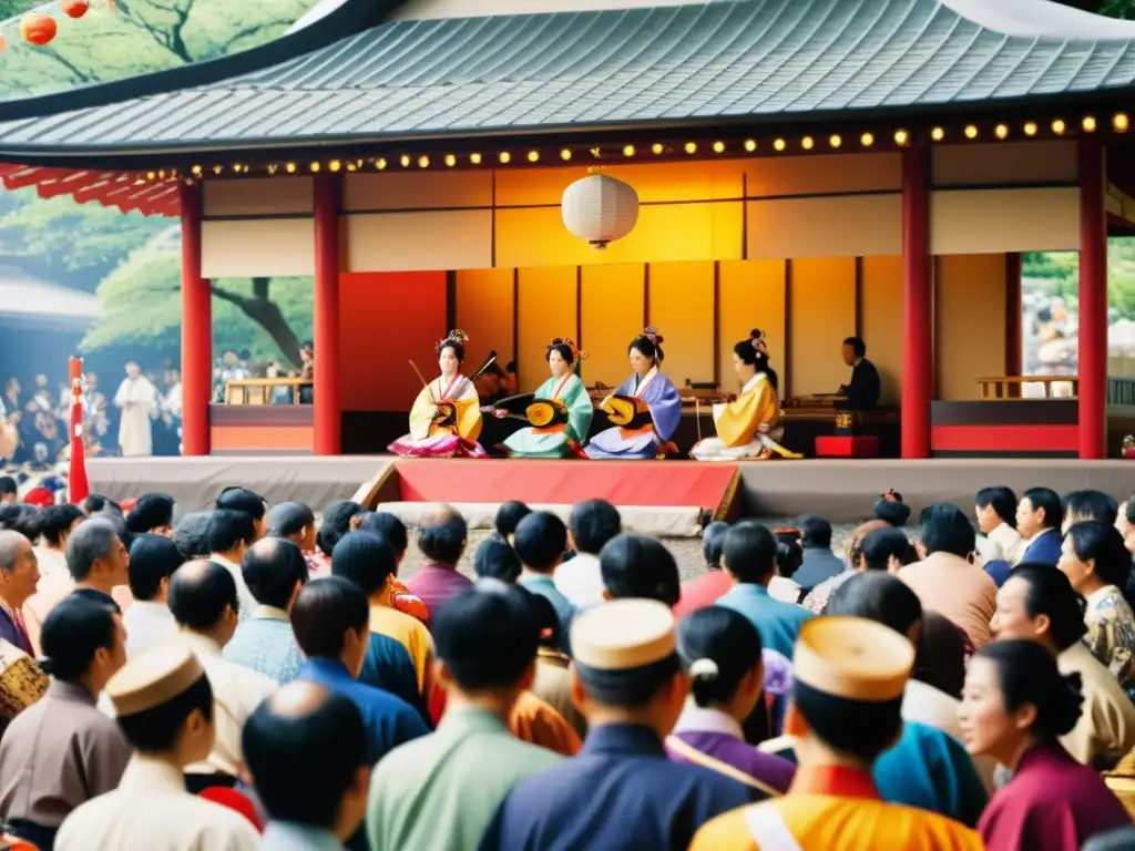 Un vibrante festival japonés con músicos tocando el shamisen, rodeados de decoraciones coloridas y espectadores entusiastas