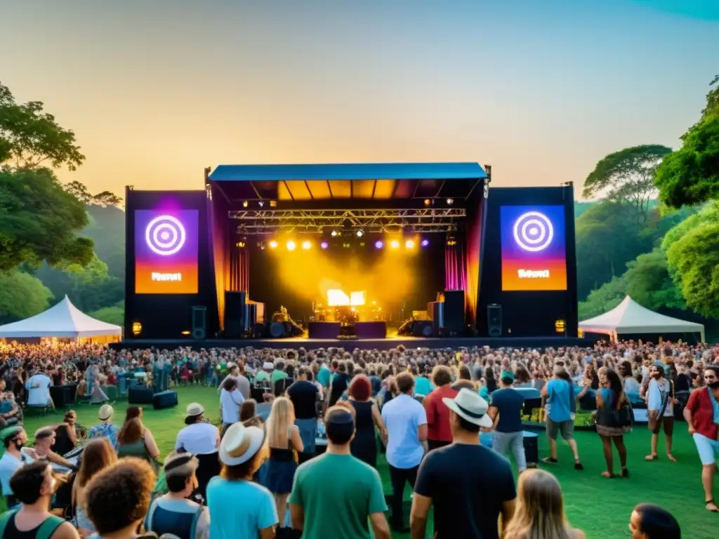 Vibrante festival de música sostenible con escenario al aire libre rodeado de naturaleza exuberante, músicos y multitud diversa disfrutando del evento