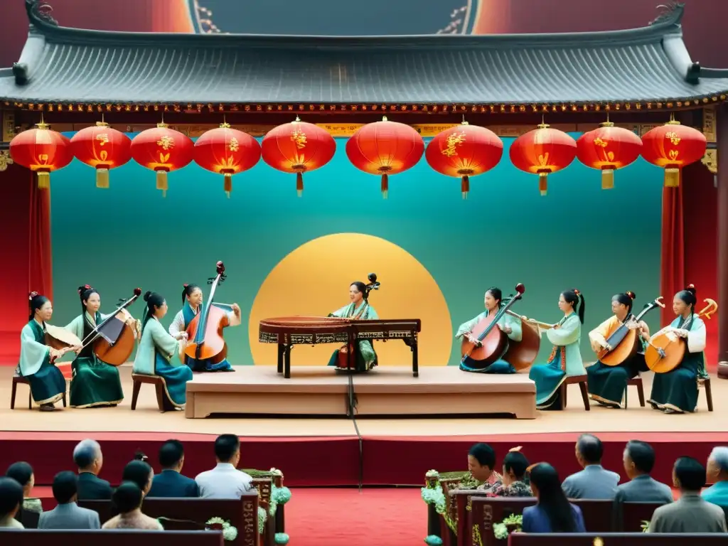 Vibrante festival música tradicional China con músicos y público diverso