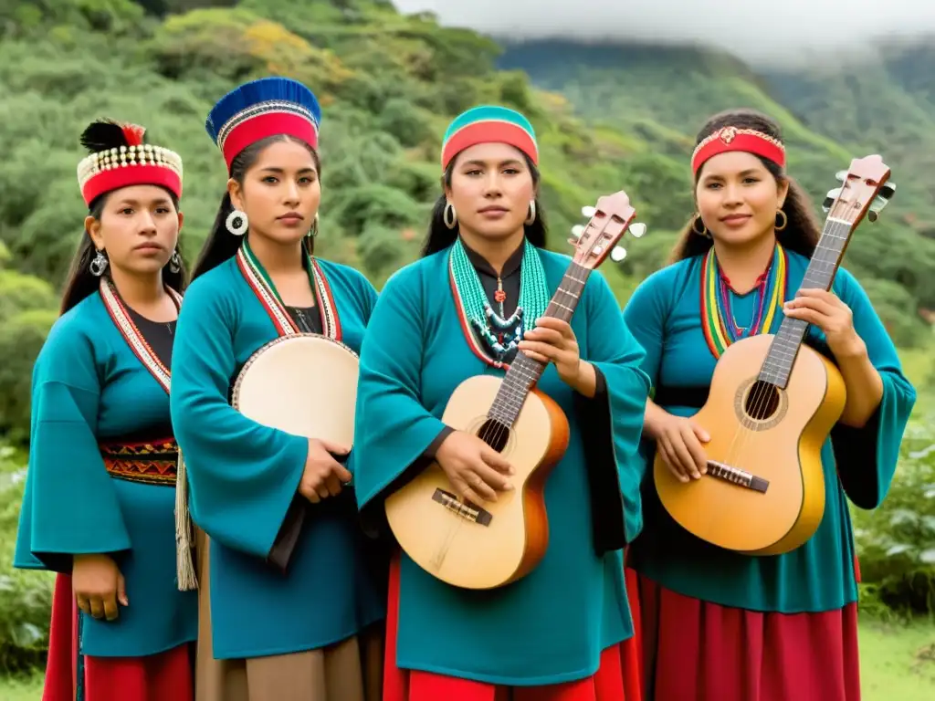 Un vibrante Festival de Música Tradicional Mapuche con músicos, instrumentos tradicionales y coloridos textiles en un entorno natural exuberante