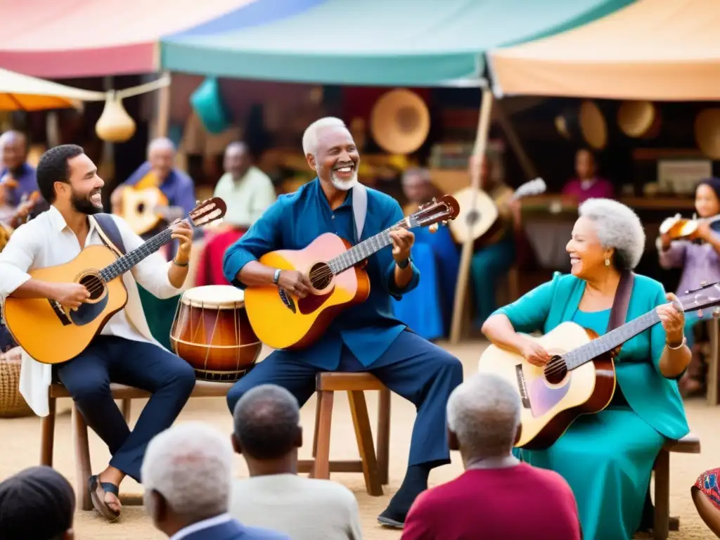 Un vibrante grupo multicultural aprende instrumentos musicales en un animado mercado al aire libre