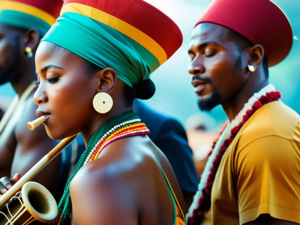 Un vibrante grupo de músicos toca un afoxé, mostrando su pasión y la riqueza cultural del instrumento musical afrobrasileño