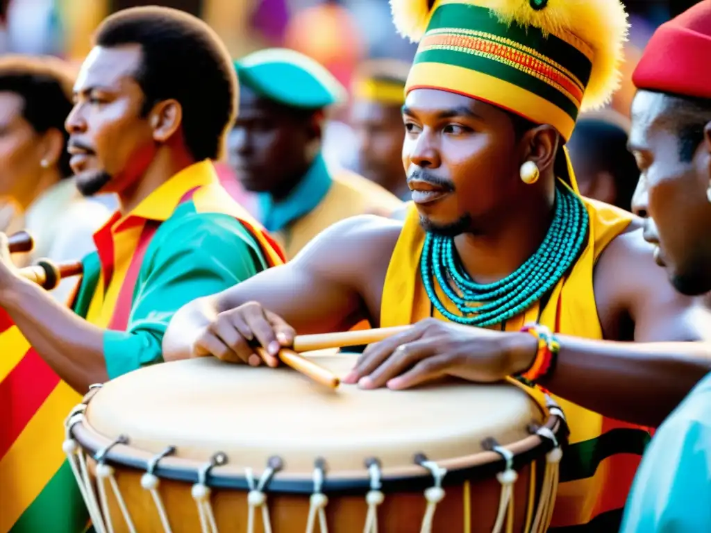 Un vibrante grupo de músicos Afrocolombianos tocando tambores y flautas durante las festividades del Pito Atravesado, rodeados de energía y color