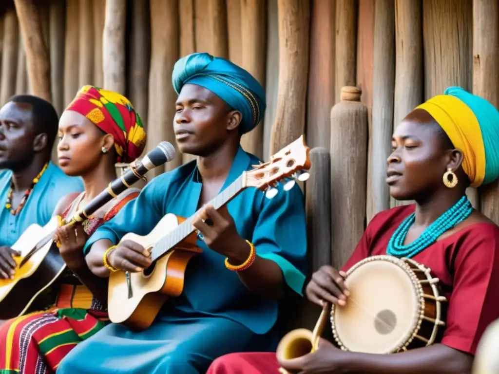 Un vibrante grupo de músicos congoleños toca el arpa Kundi en una aldea tradicional, rodeados de una audiencia cautivada