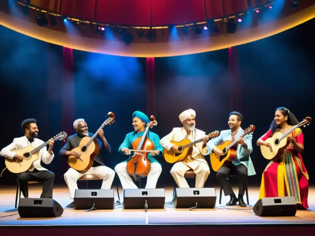 Un vibrante grupo de músicos de diversas culturas tocando instrumentos tradicionales y contemporáneos en un escenario, mientras el público disfruta