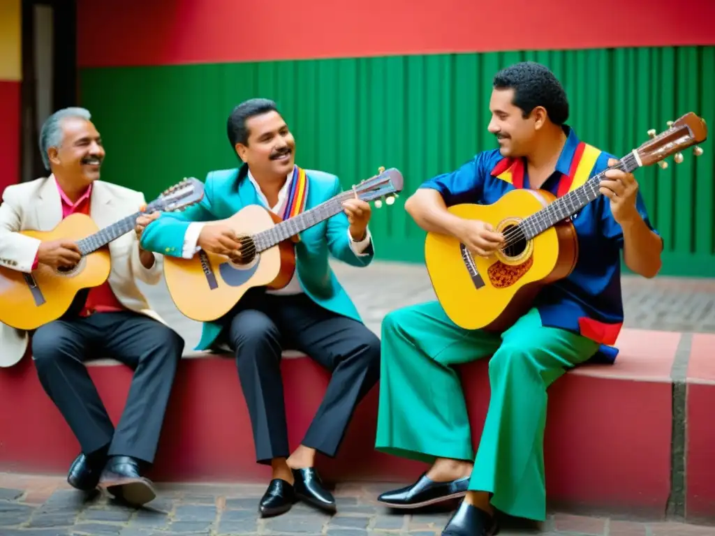 Un vibrante grupo de músicos venezolanos tocando el cuatro en una plaza colorida, evocando la historia del cuatro venezolano