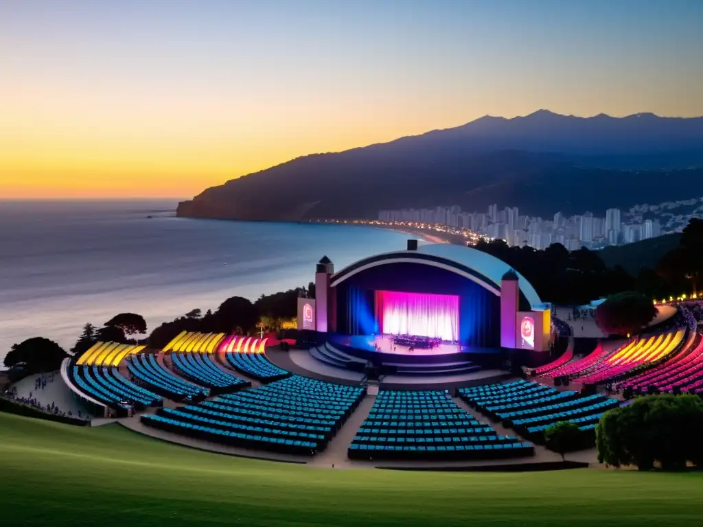 Vibrante imagen del anfiteatro Quinta Vergara en Viña del Mar, iluminado por luces de escenario durante el Festival Internacional de la Canción