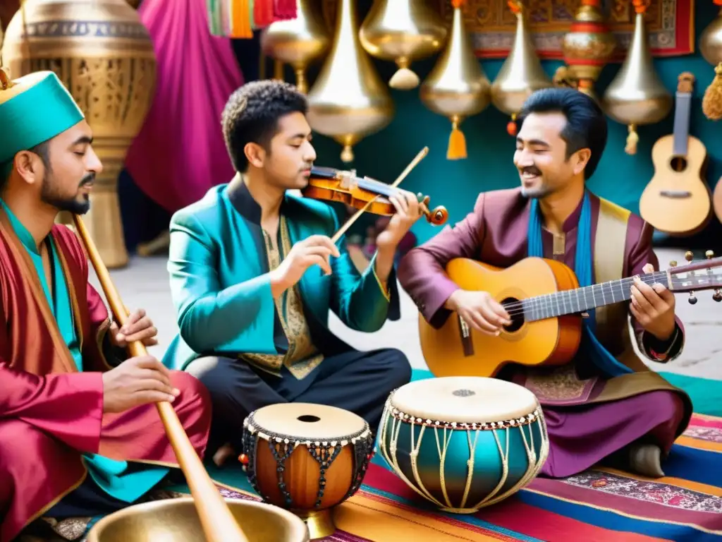 Vibrante intercambio de instrumentos musicales culturales entre músicos de diversas culturas en un bullicioso mercado de la Ruta de la Seda