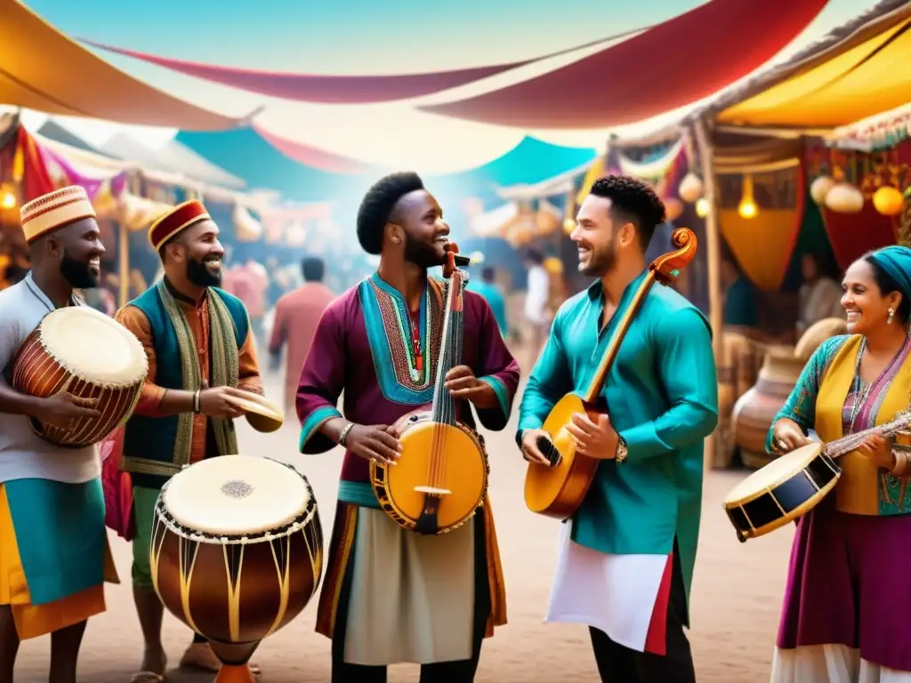 Vibrante intercambio de instrumentos musicales culturales entre músicos de diversas culturas en un mercado colorido a lo largo de la Ruta de la Seda