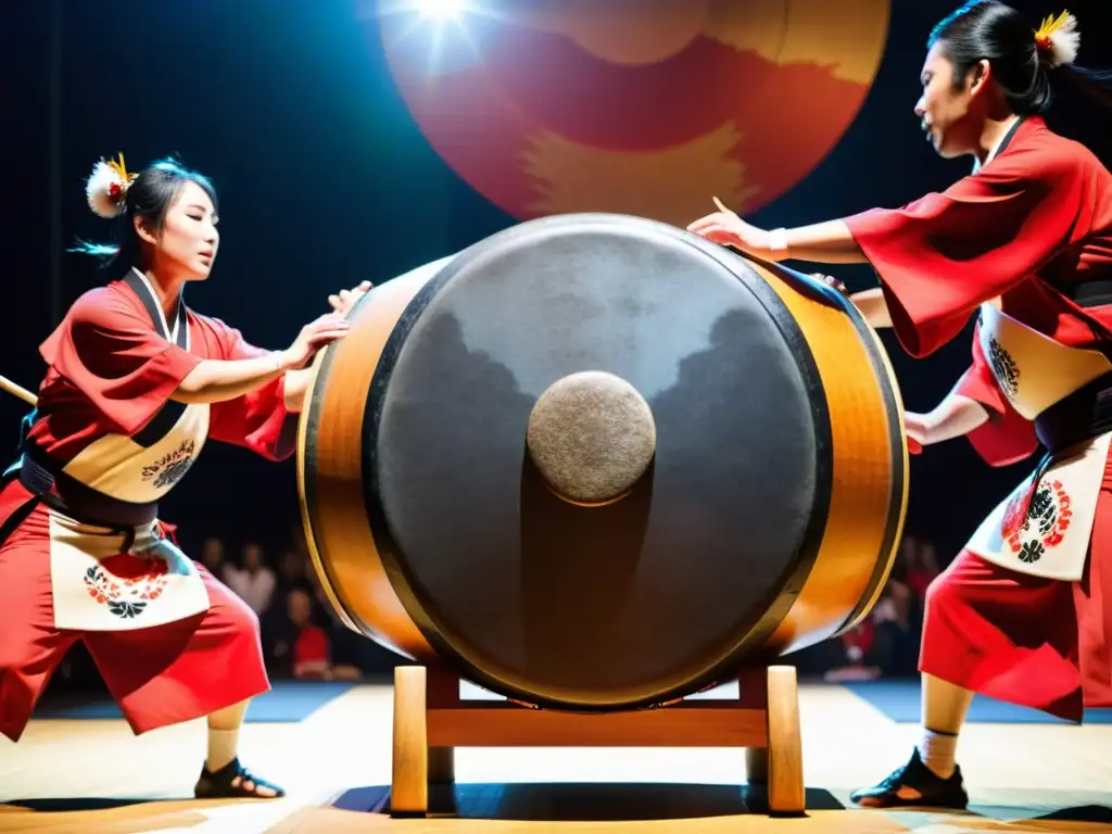 Vibrante presentación de taiko japonés, con tambores adornados y músicos vestidos con atuendo tradicional