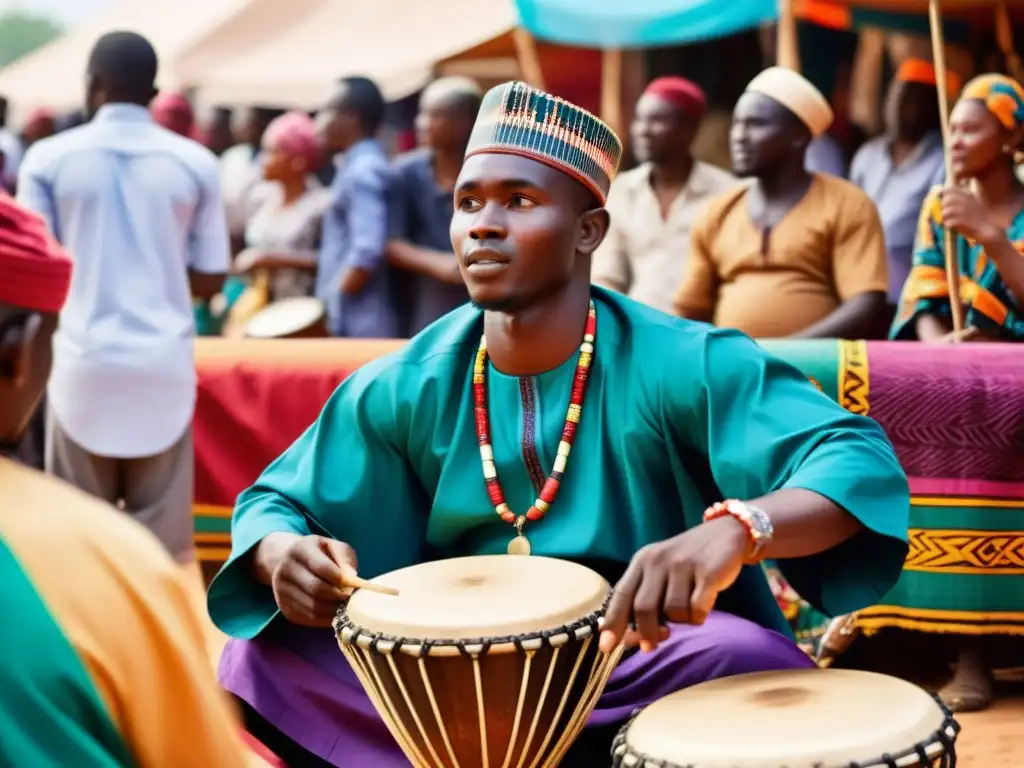 Un vibrante mercado africano con un baterista Hausa, rodeado de textiles coloridos, instrumentos tradicionales y espectadores animados