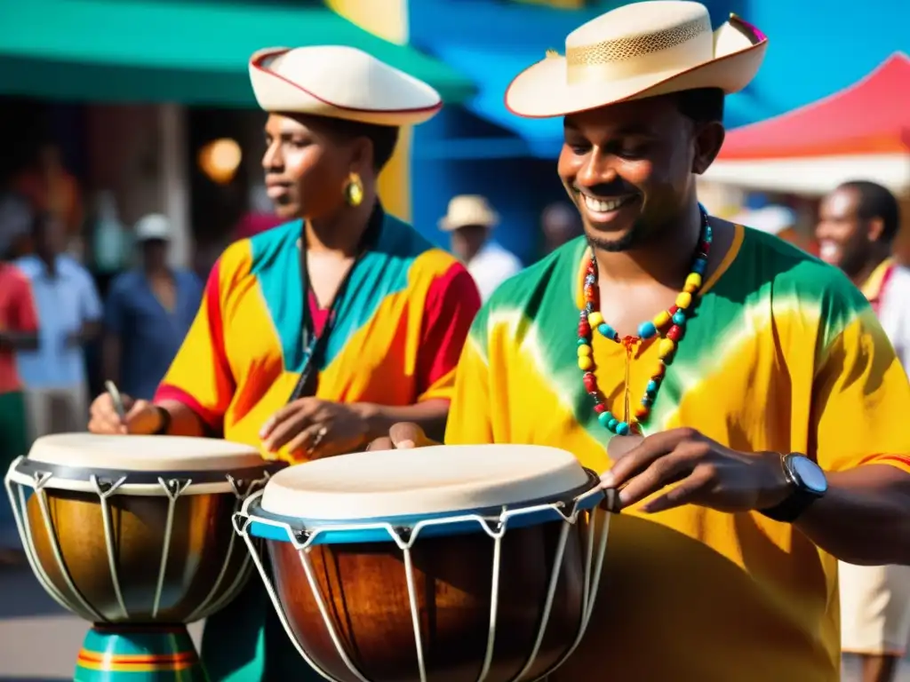 Un vibrante mercado callejero caribeño con músicos tocando instrumentos tradicionales como maracas, bongos y tambores de acero