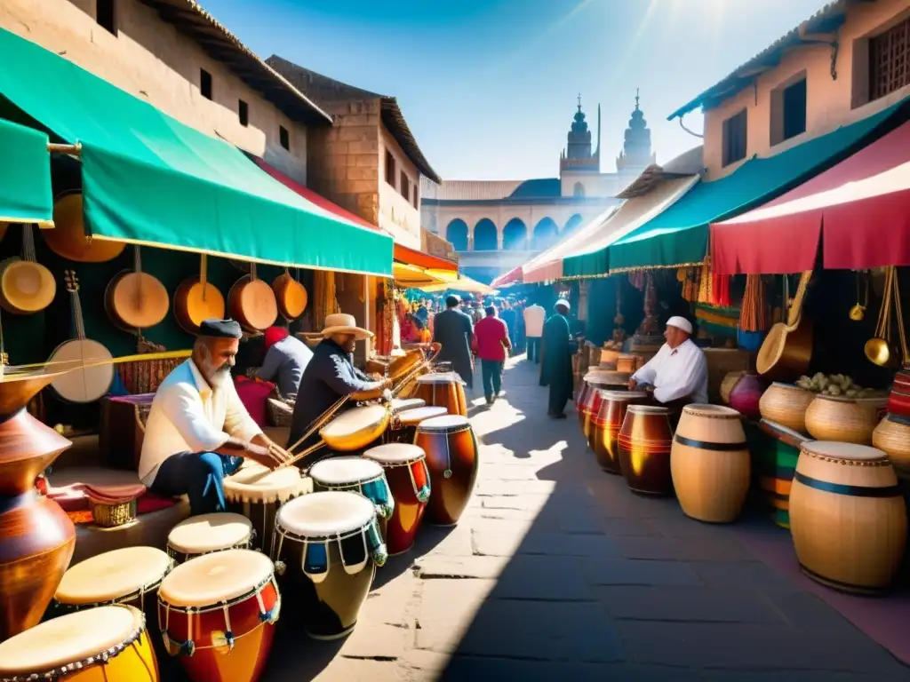 Vibrante mercado con impacto globalización diversidad de instrumentos musicales y gente diversa conversando animadamente