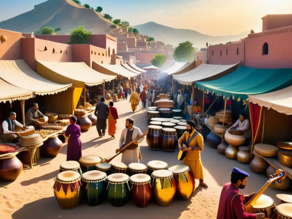 Vibrante mercado con intercambio de instrumentos musicales culturales entre artesanos de diversas culturas, en una escena llena de color y vida