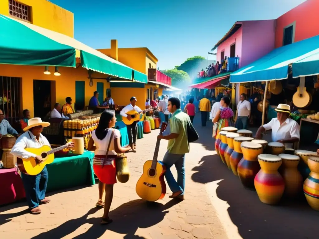 Vibrante mercado latinoamericano con músicos y coloridos instrumentos musicales populares en Latinoamérica, capturando la esencia musical de la región