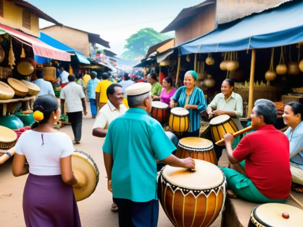 Vibrante mercado local con músicos y vendedores de instrumentos musicales hechos a mano