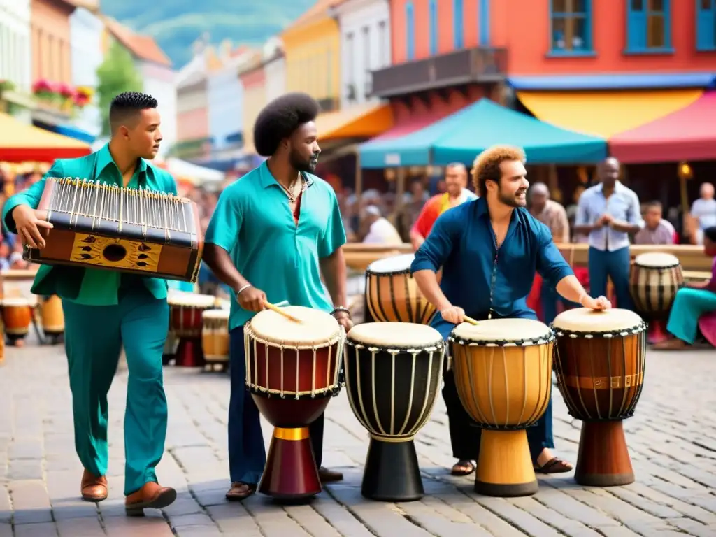 Un vibrante mercado con músicos apasionados tocando percusión tradicional globalización en la percusión tradicional