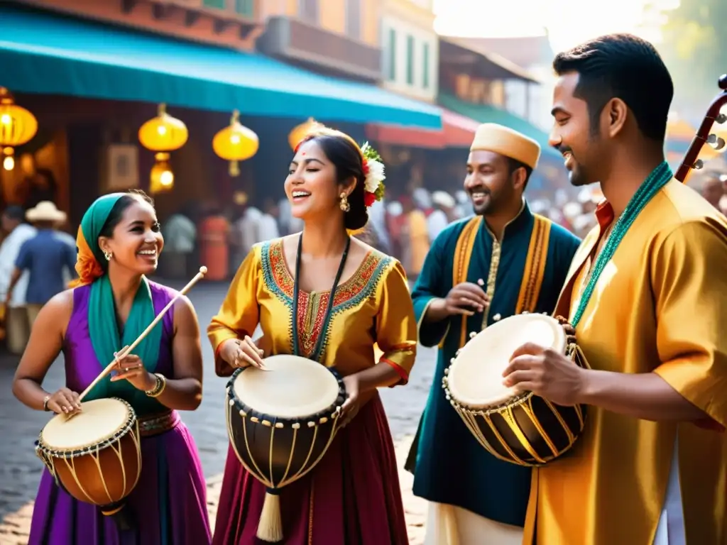 Un vibrante mercado con músicos de diversas culturas tocando instrumentos tradicionales, resaltando las clases sociales en instrumentos musicales